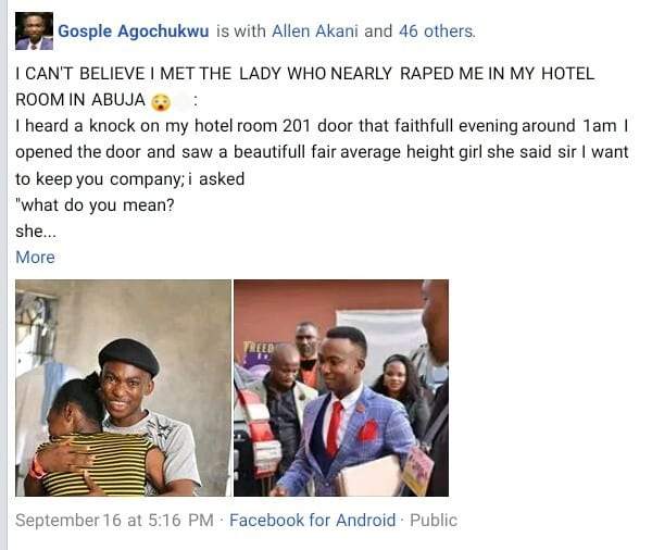 Nigerian pastor shares his encounter with a lady who nearly 'raped' him in his hotel room in Abuja