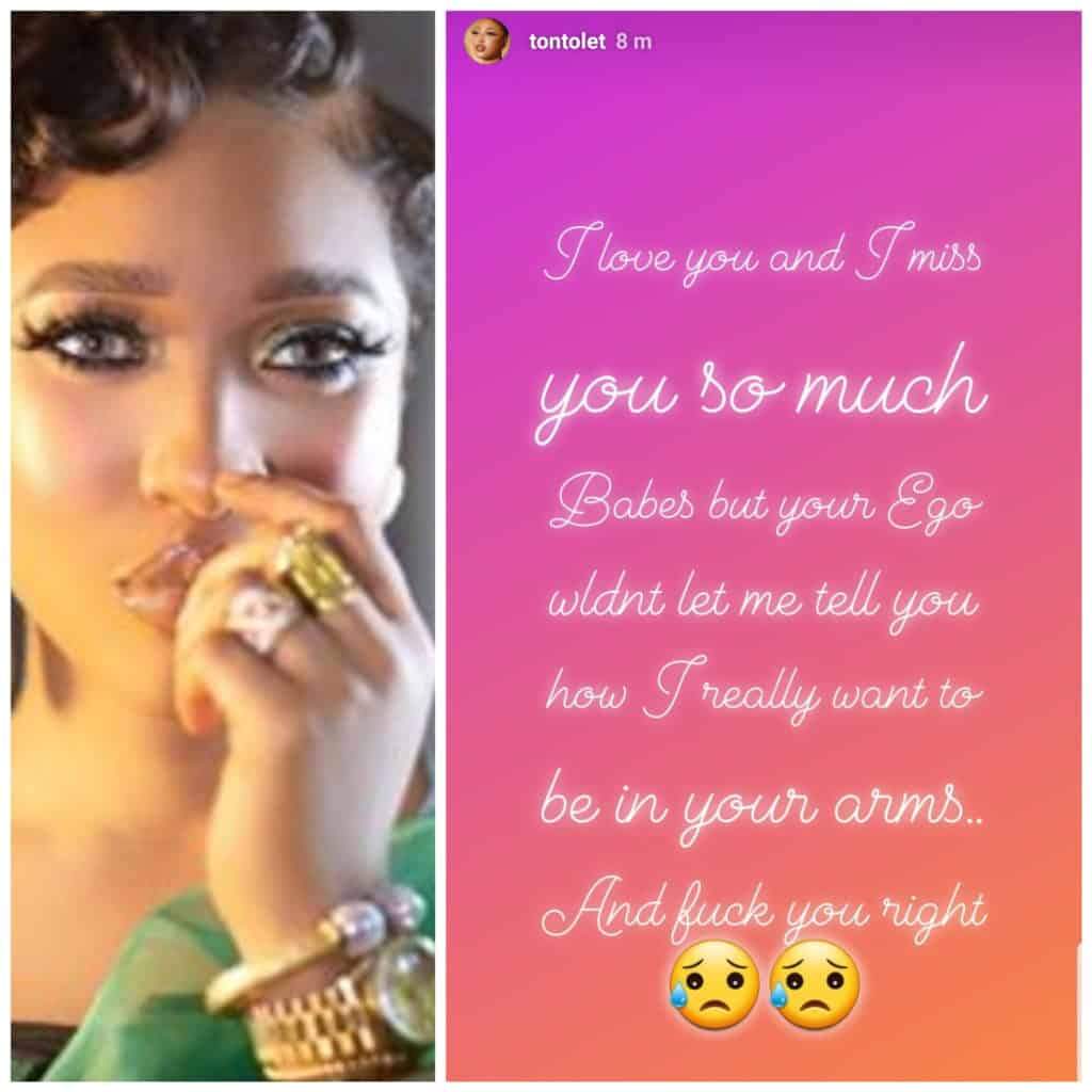 I really want to be in your arms and f**k you right - Tonto Dikeh appeals to her bae
