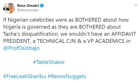 BBNaija: Reno Omokri blasts Nigerian celebrities commenting on Tacha's disqualification