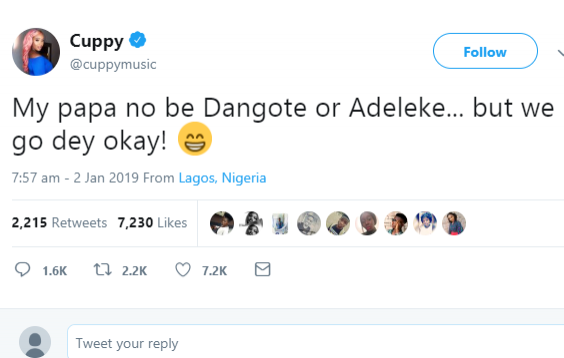 'You are not allowed to sing that song' - Nigerians react to DJ Cuppy's 'My papa no be Dangote' tweet
