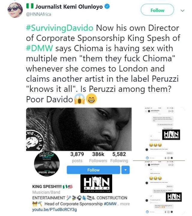 'Dem dey f**k Chioma for London' - Kemi Olunloyo shares chat between Davido's hypeman, Spesh and a friend