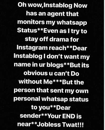 Nkechi Blessing drags Instablog9ja for monitoring her WhatsApp status