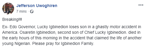 Former Edo state governor, Lucky Igbinedion loses son and nephew in the U.S