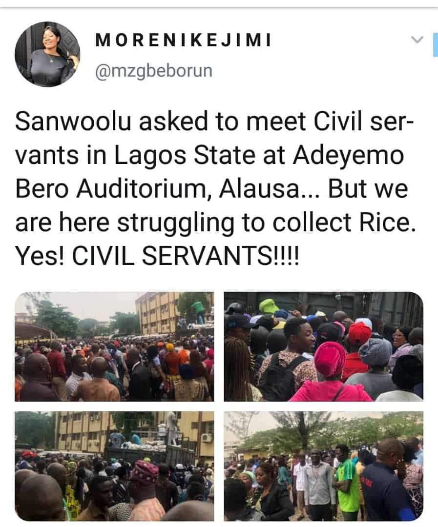 Lagos State Civil Servants Struggle for Bags of Rice Reportedly Given to Them by APC's Sanwo-Olu Ahead Of Elections (Photos)