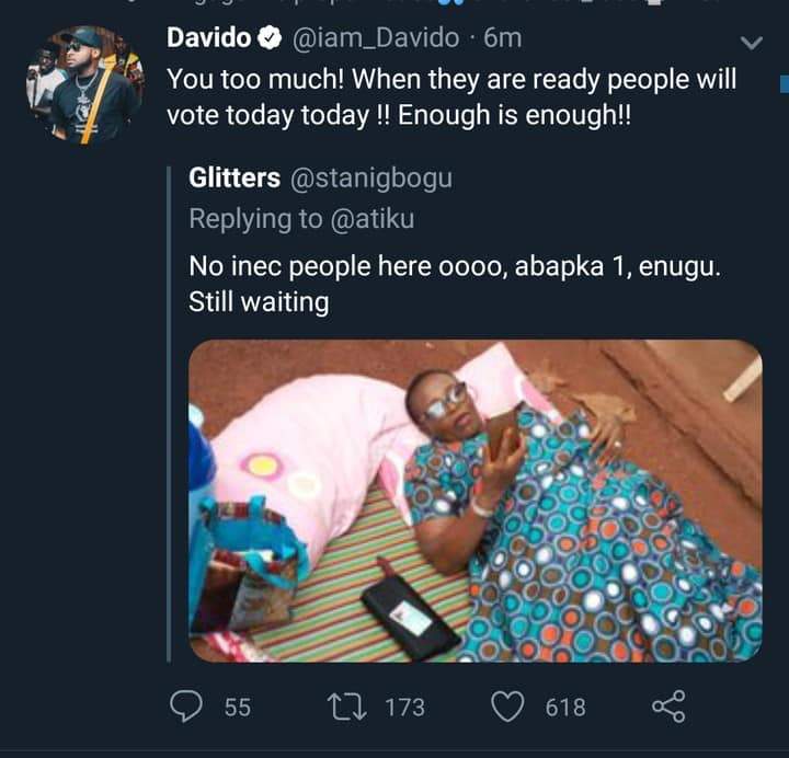 Davido Reacts To Photo Of Woman Who Brought Mat And Pillow To Polling Unit