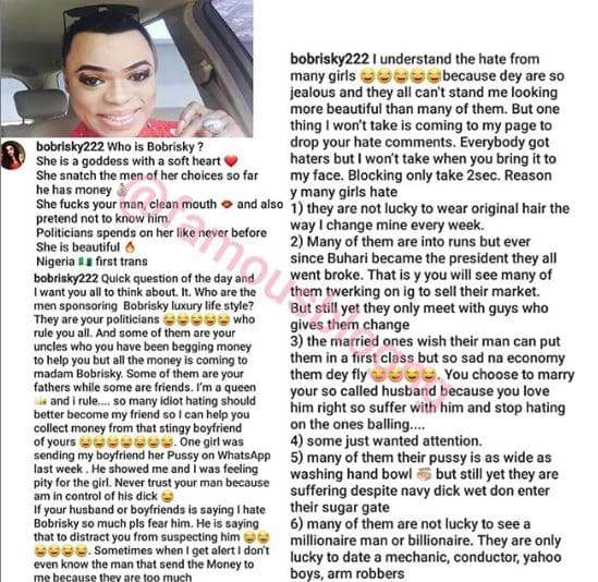 'I am the first Nigerian transgender' - Bobrisky brags