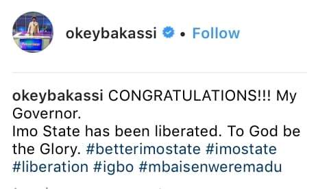Okey Bakassi Says Imo Has Been Liberated As Emeka Ihedioha Wins Election