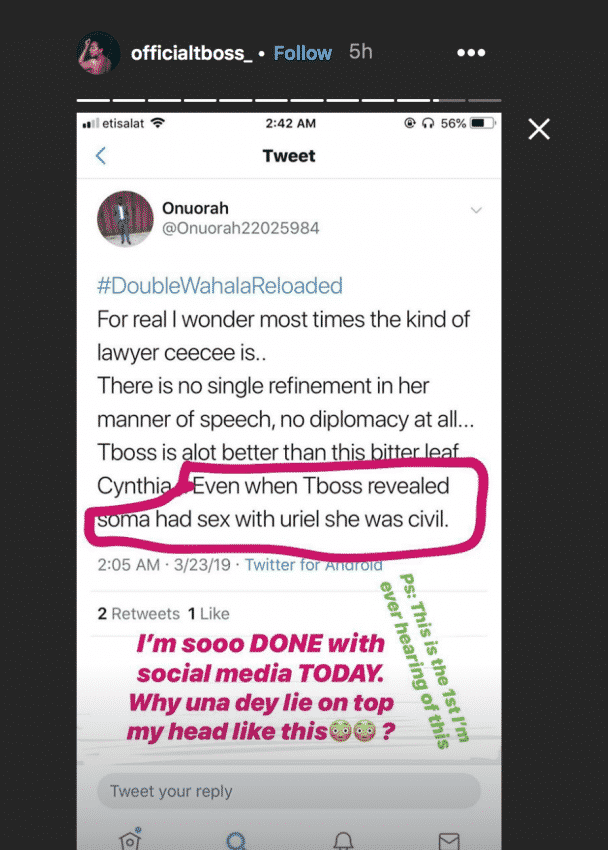 Tboss's fanpage slams her for shading CeeC (Screenshot)