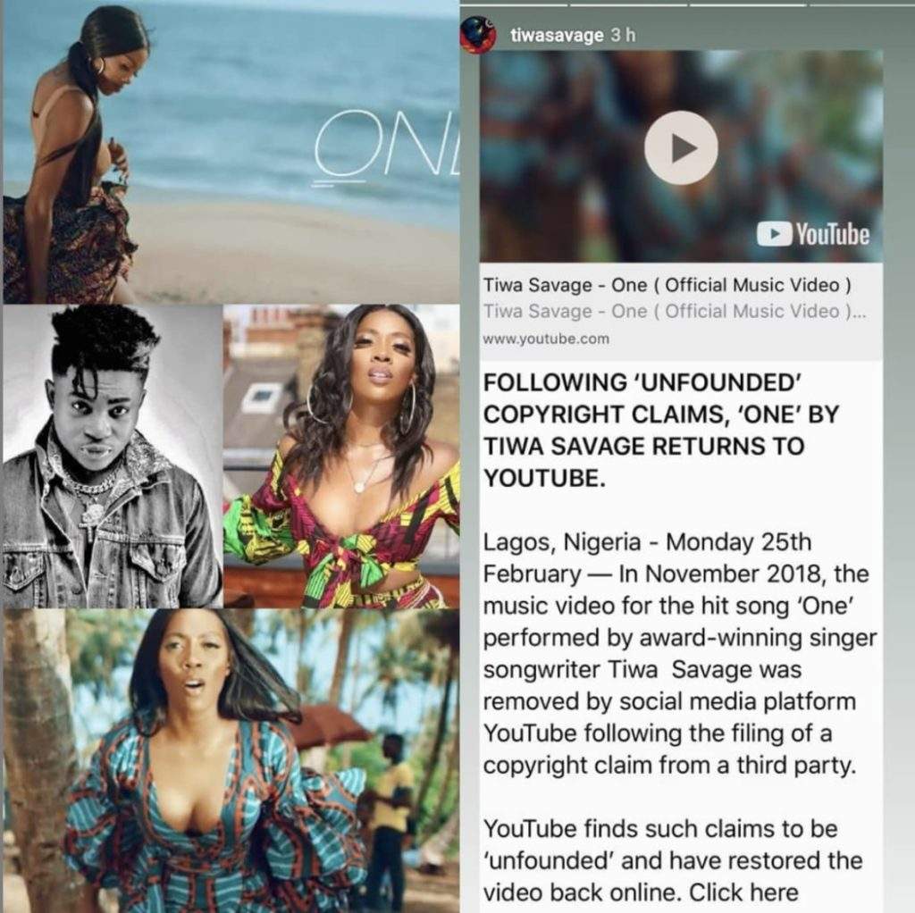 Following 'Unfounded' Copyright Claims by Danny Young, 'One' By Tiwa Savage Returns To Youtube