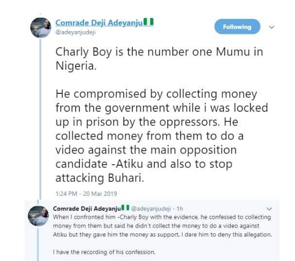 Deji Adeyanju accuses Charly Boy of collecting money to campaign against Atiku
