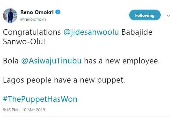 ''Lagos people have a new puppet'- Reno Omokri slams Tinubu as Sanwo-olu floors Agbaje