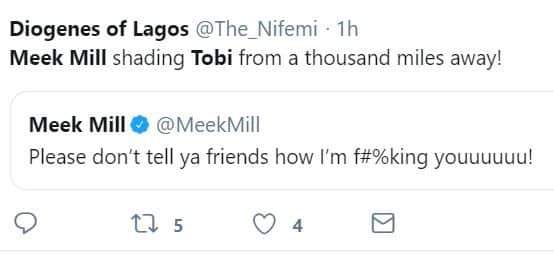 Nigerians drag Tobi for revealing he had sex with Alex on American rapper, Meek Mill's twitter page