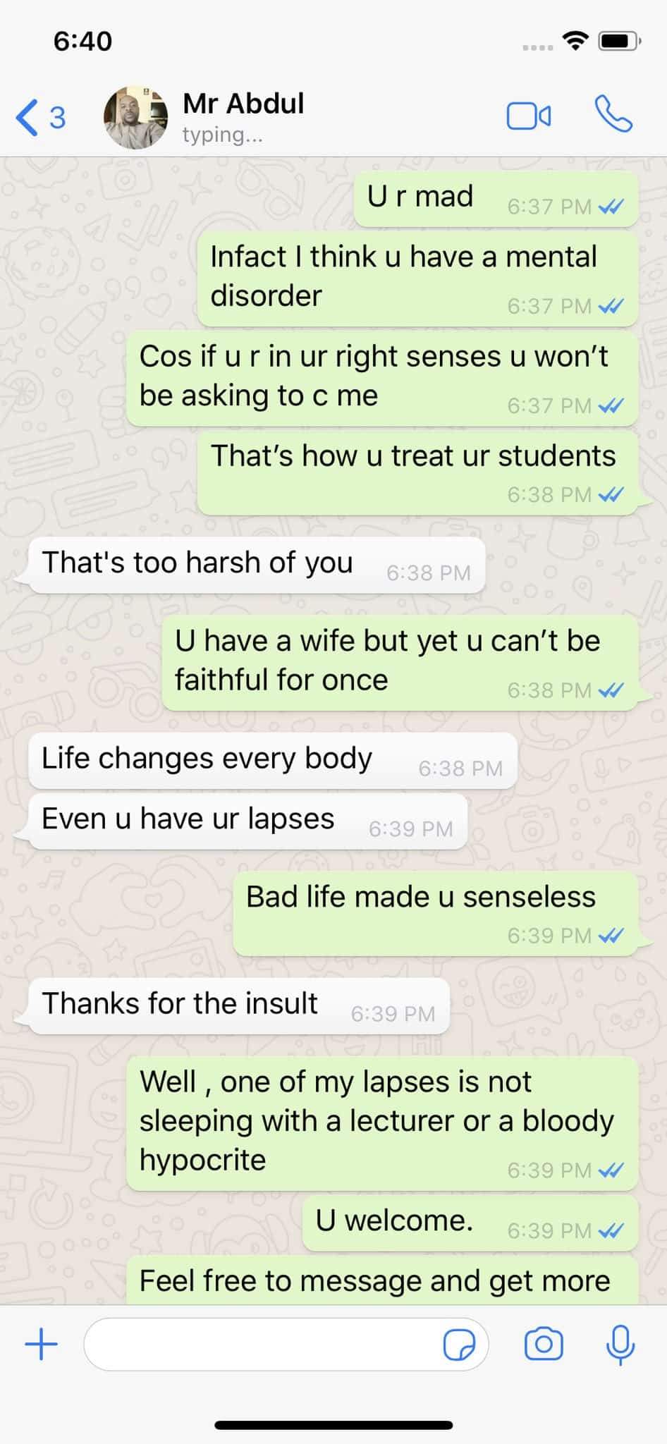 #Sexforgrade: Nigerian Lady shares WhatsApp conversation with a Lecturer