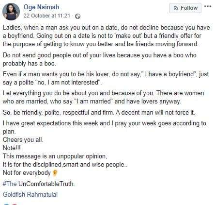 'Don't decline a date because you're in a relationship' - Nigerian Lady advises fellow ladies