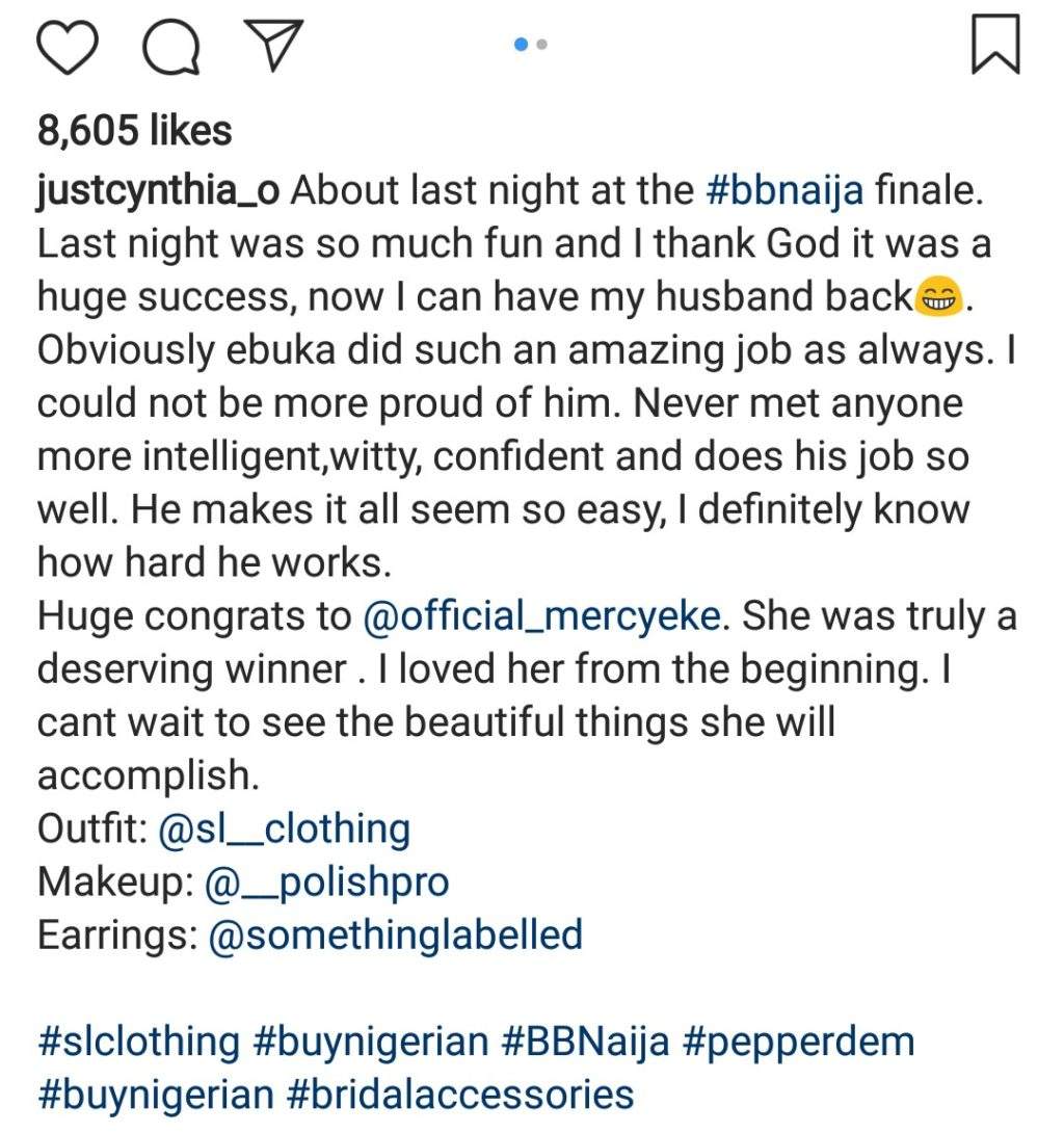 #BBNaija: 'Ebuka did an amazing job; Mercy is a deserving winner'- Ebuka's wife