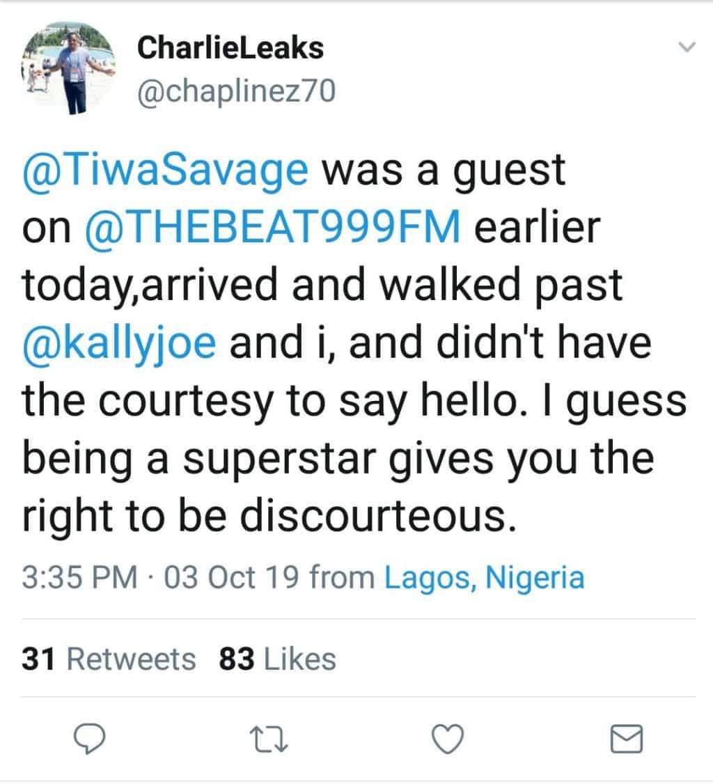 TV presenter, Charles Anazodo attacks Tiwa Savage over greeting