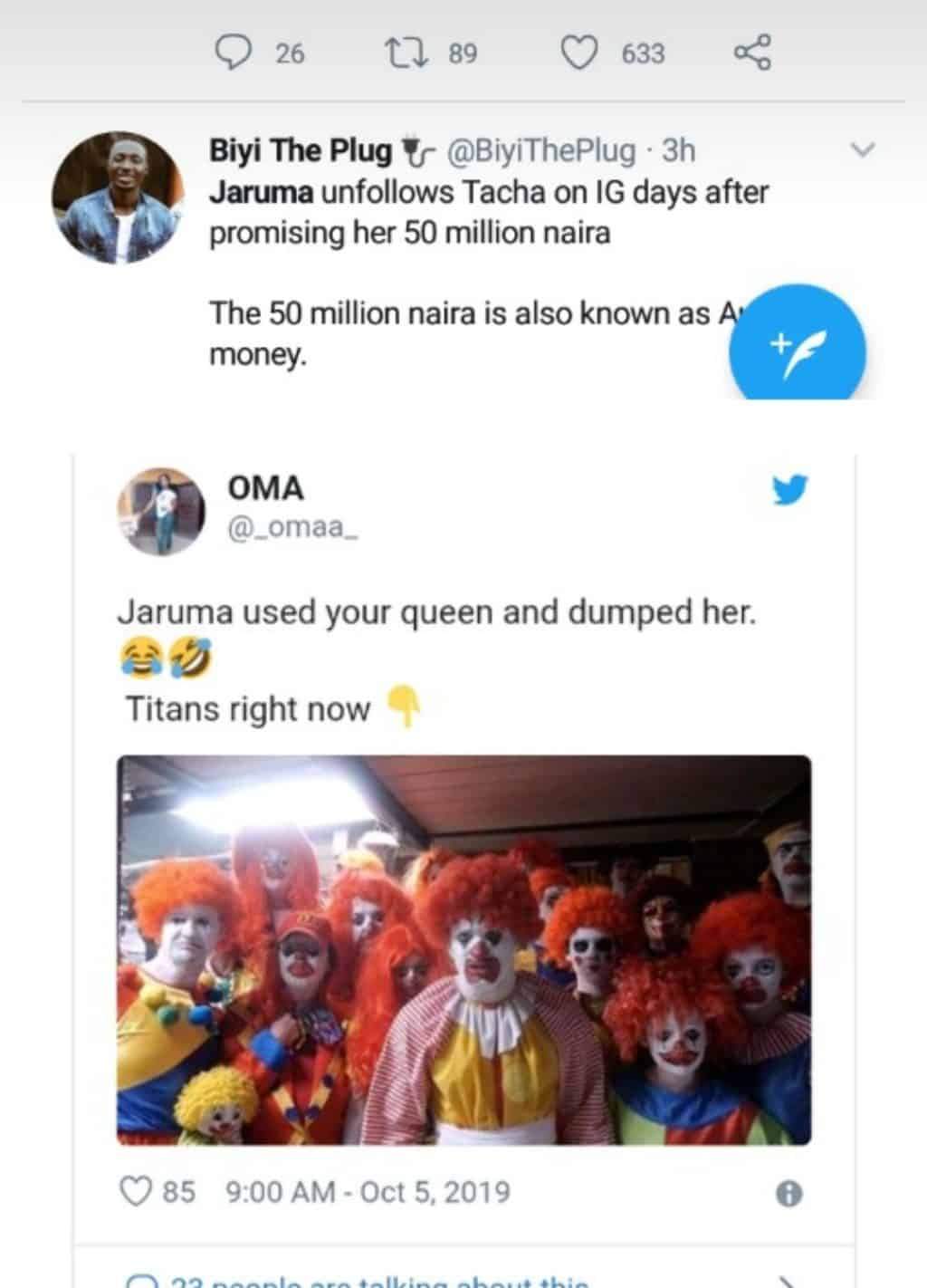 #BBNaija: Titans blast Jaruma on Twitter for 'using' and 'dumping' their queen, Tacha