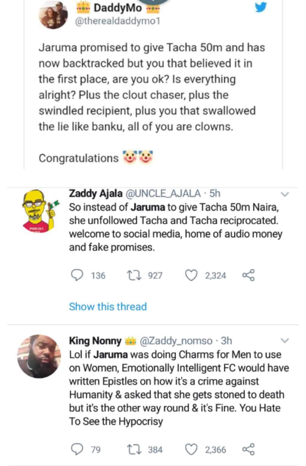 #BBNaija: Titans blast Jaruma on Twitter for 'using' and 'dumping' their queen, Tacha
