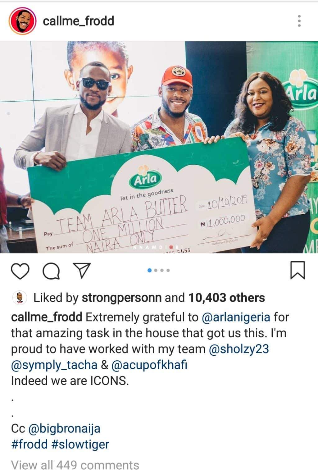 #BBNaija: Omashola and Frodd receive N1million as they bag ambassador deal with Arla Butter