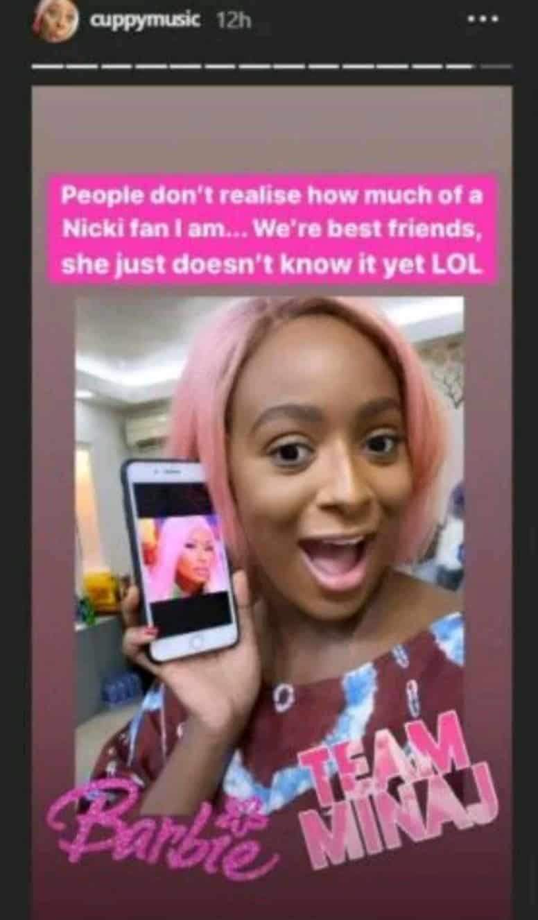DJ Cuppy goes 'gaga' as she receives a shout out from American rapper, Nicki Minaj