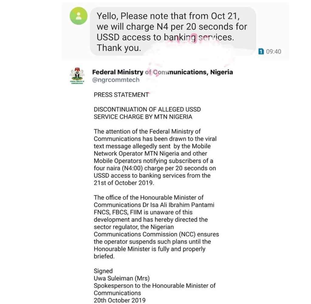 Minister of Communication orders immediate suspension of MTN USSD service charge
