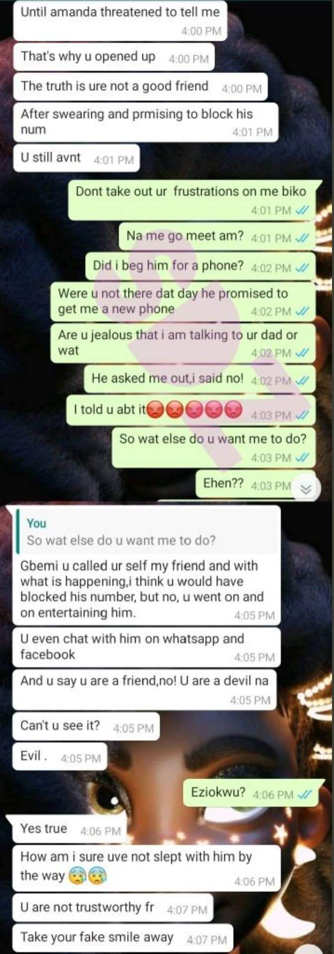 Girl slams her friend for accepting phone gift from her dad without her consent