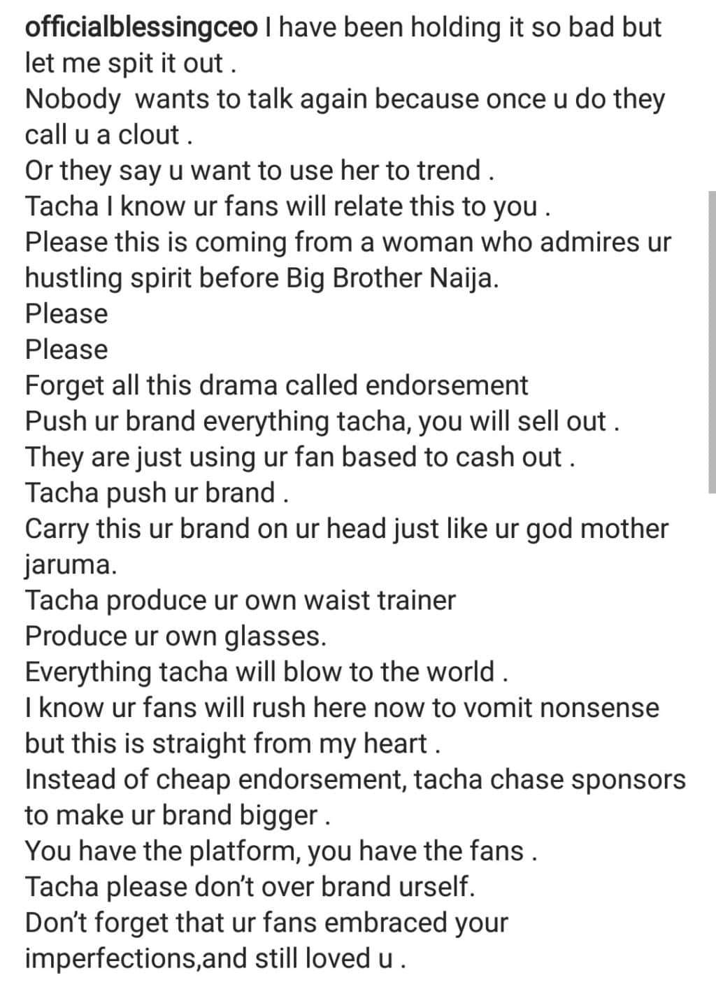 'You have the platform, you have the fans'- Blessing Okoro advises Tacha to focus on growing her own brand