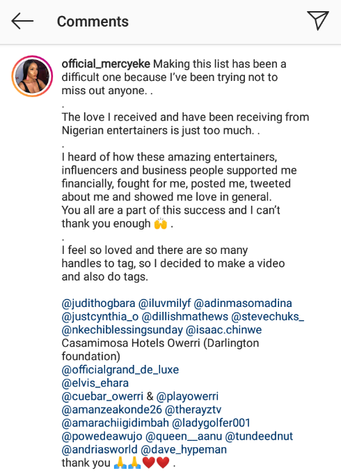#BBNaija: Mercy shows appreciation to Cubana Chief priest, Rita Dominic, other celebrities for their support
