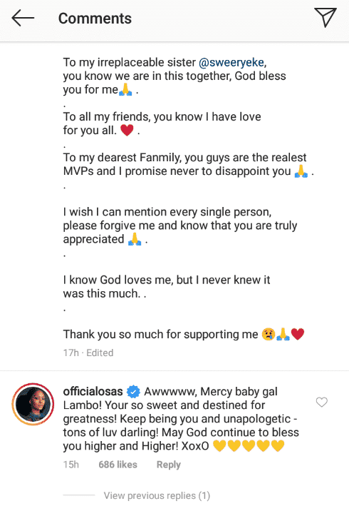 #BBNaija: Mercy shows appreciation to Cubana Chief priest, Rita Dominic, other celebrities for their support