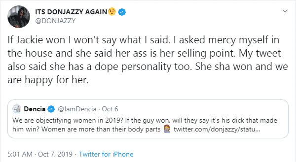 Mercy said her ass is her selling point - Don Jazzy responds to Dencia's claim of objectifying women