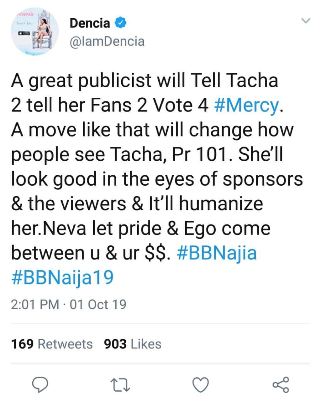 'Tacha need to tell her fans to vote for Mercy' - Singer Dencia