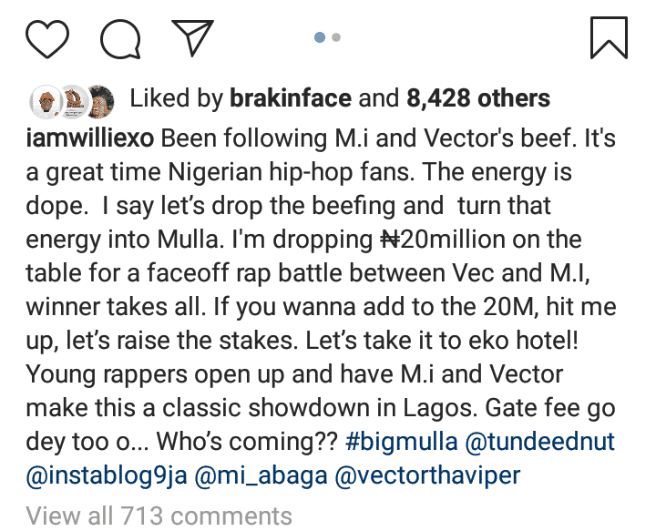 Willie Xo offers ₦20 million for a face off rap battle between Vector & M.I