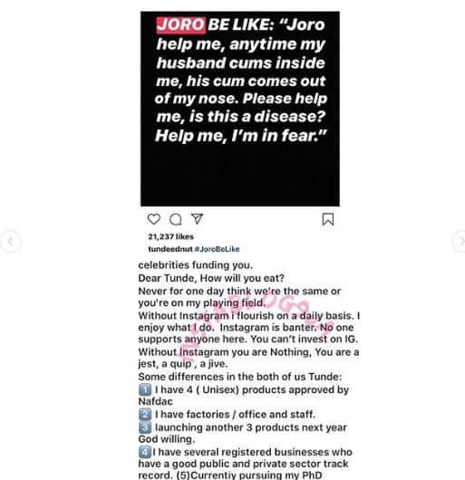 Joro Olumofin rips Tunde Ednut apart for bad-mouthing his brand