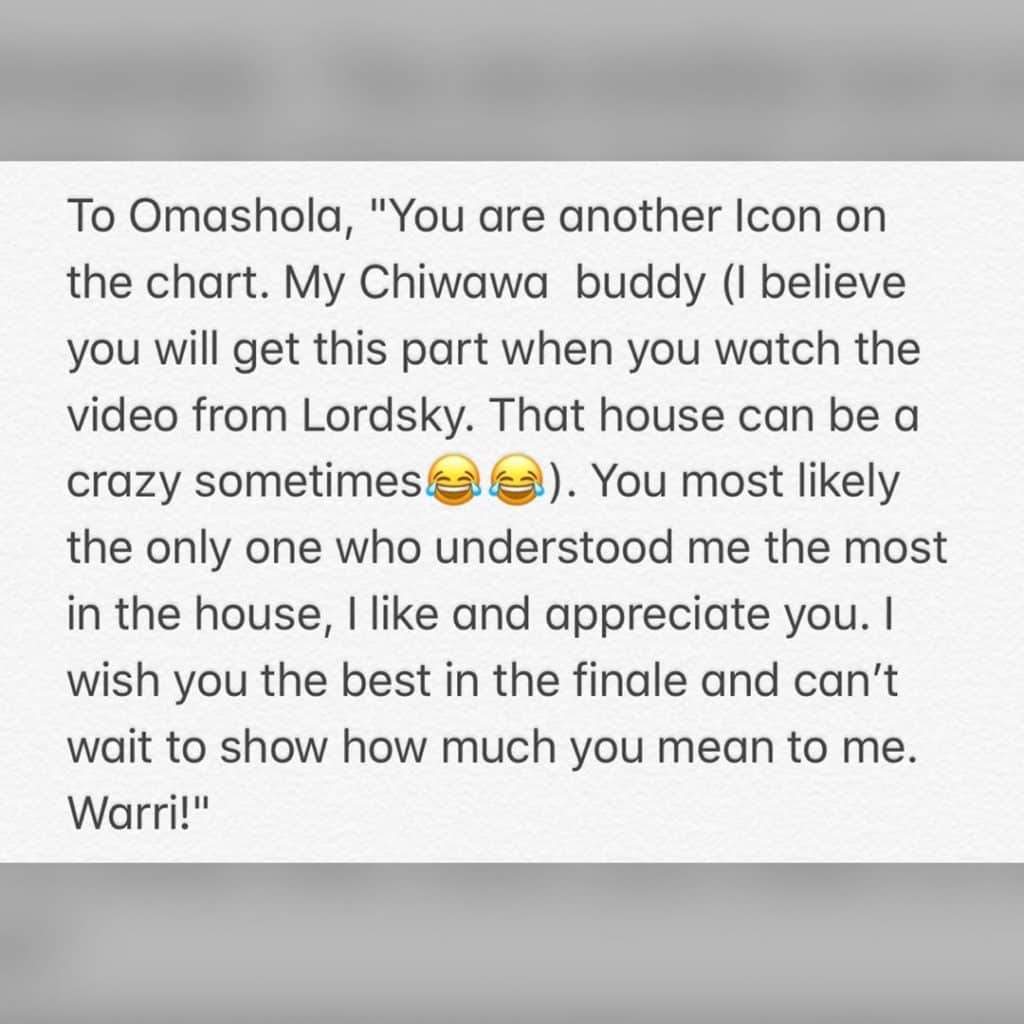 BBNaija: Tacha pens lovely message to top 5 housemates