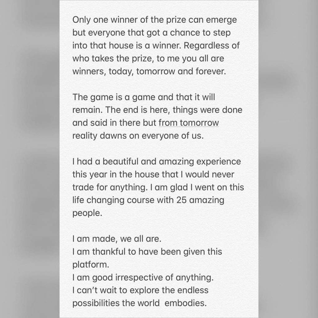 BBNaija: Tacha pens lovely message to top 5 housemates