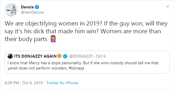 BBNaija: Dencia slams Don Jazzy for saying Mercy won because of her 'Yansh'