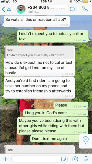 Lady shares screenshots of messages an e-cab driver sent her after her ride
