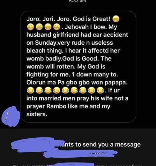 Nigerian woman celebrates after her husband's girlfriend got into an accident