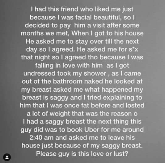 Lady narrates how a man kicked her out of his house over saggy boobs