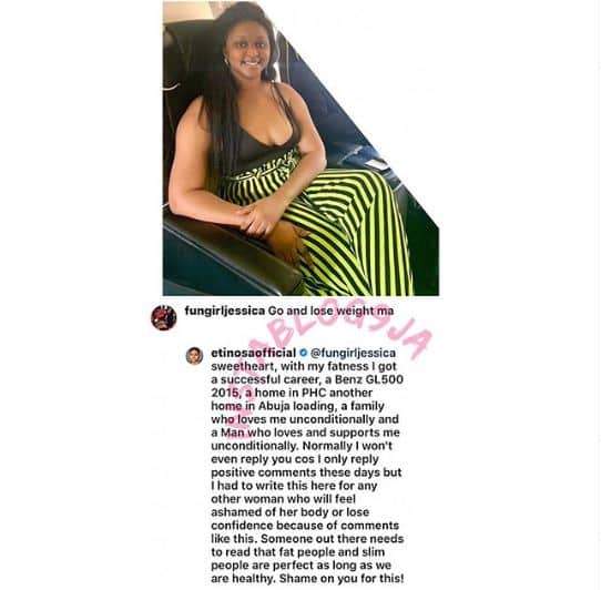 Actress Etinosa replies a troll who asked her to lose weight