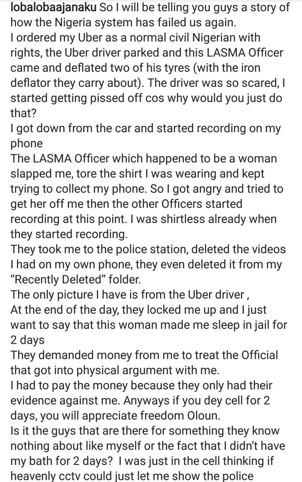 Man narrates how female LASTMA officer locked him up for 2 days after assaulting him