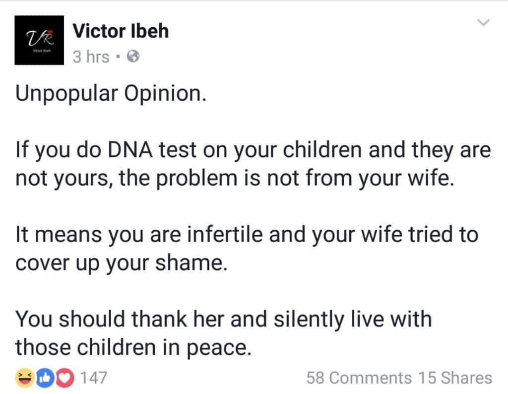 'If you do DNA test on your children and they are not yours, thank your wife'- Victor Ibeh advises men