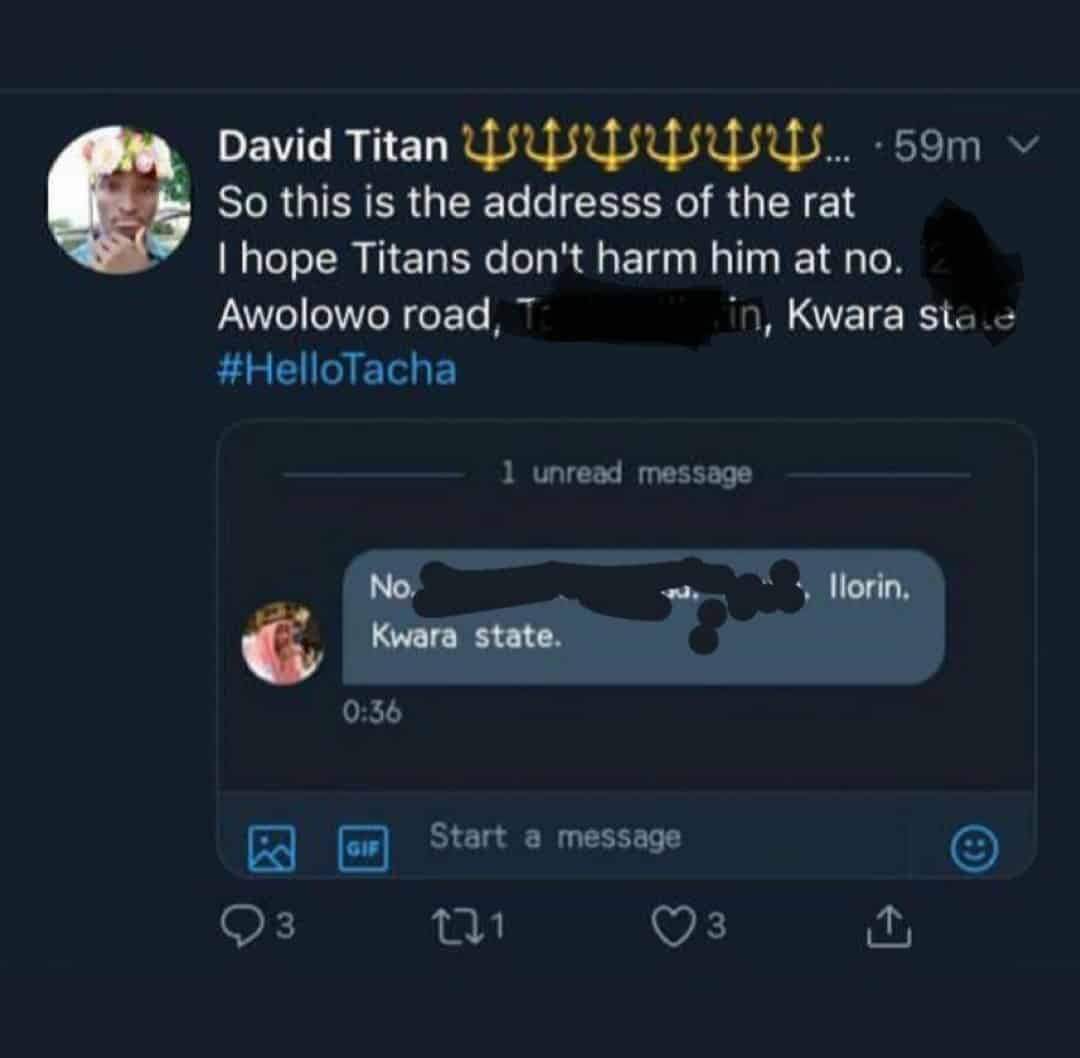 Angry Titan discloses full house address of man who mocked Tacha's fans, he reacts