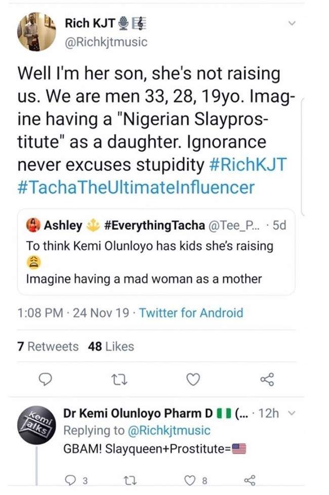 'You look hungry'- Titans blast Kemi Olunloyo's son on Twitter