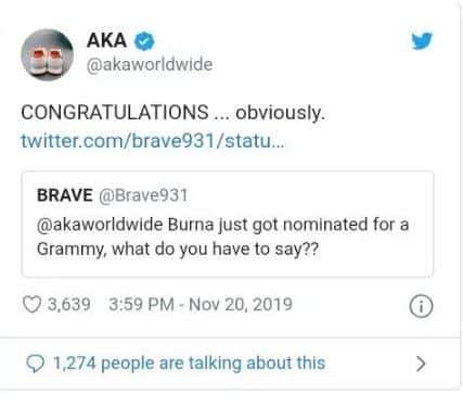 AKA congratulates Burna Boy on Grammy nominations