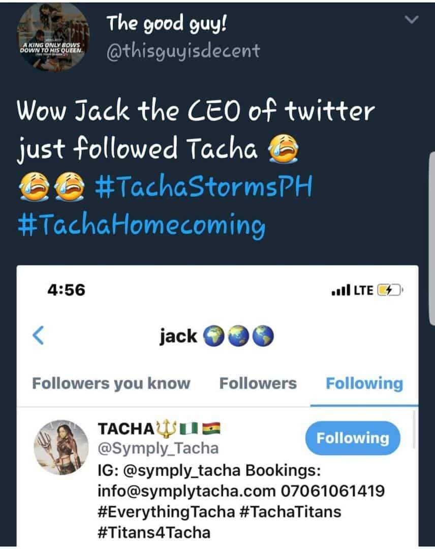 Twitter CEO Jack Dorsey follows Tacha on Twitter