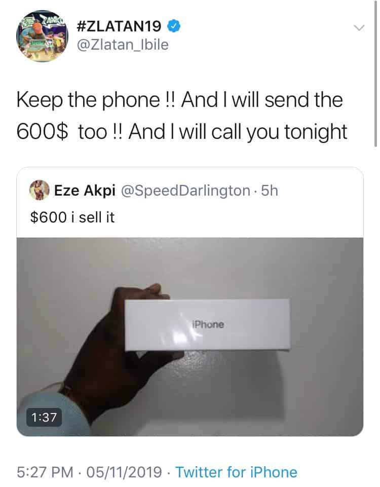 Zlatan Ibile responds as Speed Darlington plans to sell the iPhone11 he gifted him