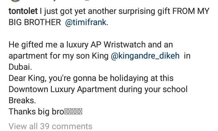 Timi Frank gifts Tonto Dikeh a luxury wrist watch and an apartment in Dubai