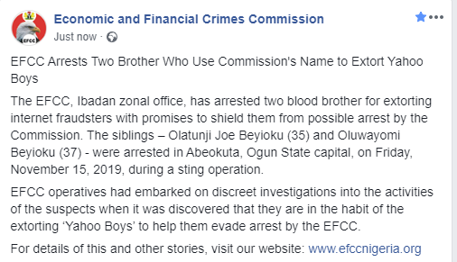 EFCC arrests two brothers for extorting 'Yahoo boys' (photos)