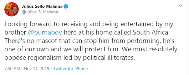 South African political leader, Julius Malema assures Burna Boy of his safety